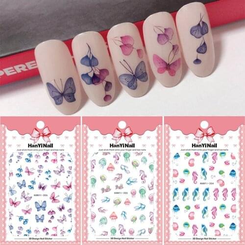 1 sheet Semi-transparent 3D Nail Sticker Marine Life Butterfly Goldfish Pattern Self Adhesive Nail Art Decorations HANYI-304-308