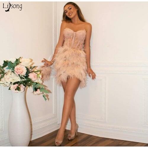 Luxury Feather Cocktail Dresses Sweetheart Lace Beads Sleeveless Mini Prom Dress Short Custom Made Evening Party Gowns for Girl