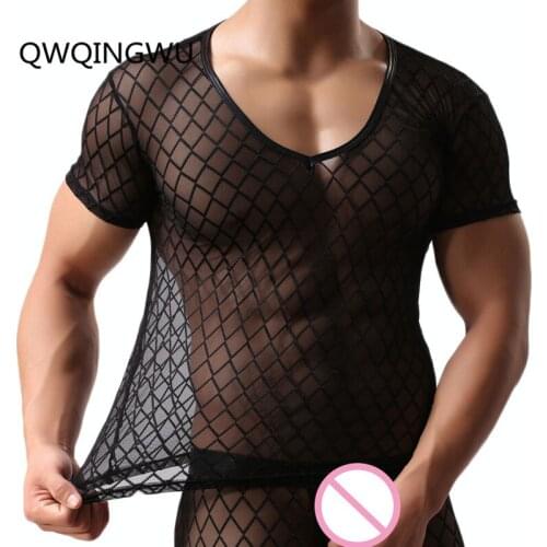 Men Sexy Male See Through Gay Undershirt Underwear Plaid Transparent Mesh Shirts Lingerie Undershirts Regatta Masculina