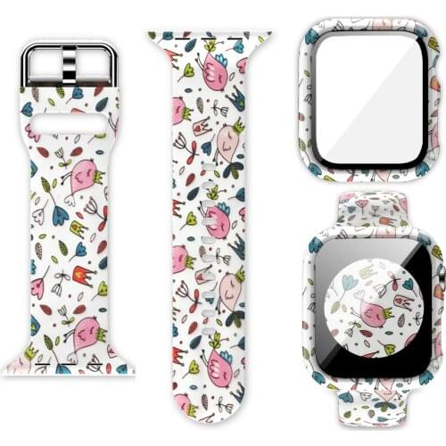 Flowers Leopard pattern Silicone Strap for Apple Watch Band 44mm 40mm 38mm 42mm Spots Flower Band Series PC+Tempered Glass Case
