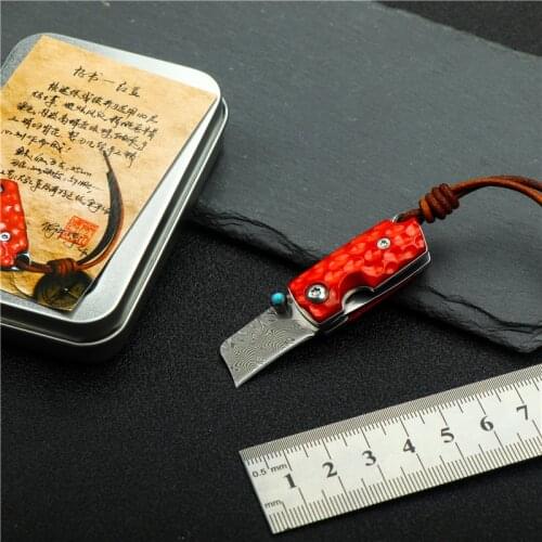 Damascus steel folding knife outdoor camping mini pocket fruit knife ox bone handle sharp tactics EDC Tools Collection Gift