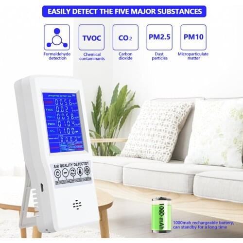 Indoor Air Quality Tester CO2 CO TVOC PM2.5 PM10 Multifunction Air Quality Monitor Real Time Data for Home Office Car School