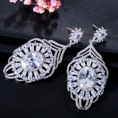 ThreeGraces New Design Women Luxury Micro Pave AAA Cubic Zirconia Feather Earrings With Oval Cut Stone Big Party Earrings ER274