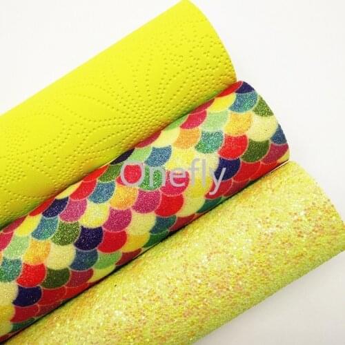 Onefly 21X29CM Yellow Glitter leather, Flowers Embossed Synthetic Leather Fabric Sheets For Bow DIY handbags shoes DQ013