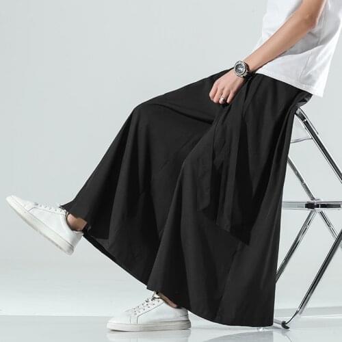 Cozy Black Ice Silk Hakama Kung Fu Pants With A Wide Bottom Wushu Kimono Chinese Mens Cotton Wide Pants For Mens East Style Grey