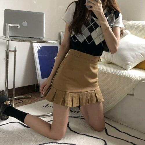HOUZHOU Vintage Pleated Mini Skirts Womens Fungus Kawaii Harajuku High Waist A-line Skirt Student Summer Korean Style Streetwear
