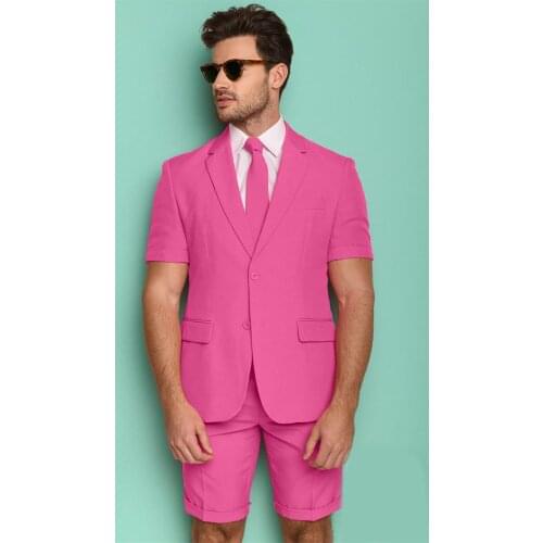Hot Pink Short Mens Tuxedos Summer Beach Groom Men Wear Wedding Blazer Trousers Suits Business Prom Party (Jacket+Pants)