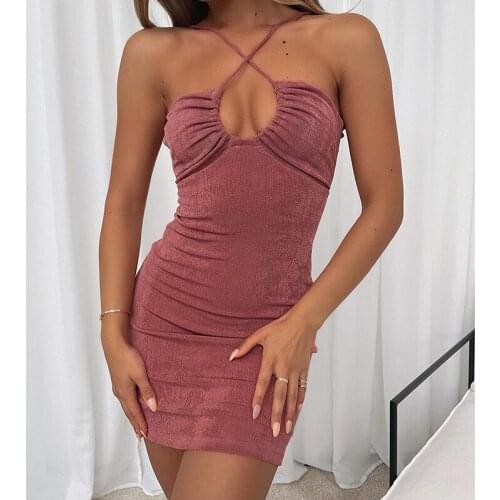 Women Sexy Sling Hollow Cross Halter Solid Color Halter Neck High Waist Elastic Slim Fit Close-Fitting Dress