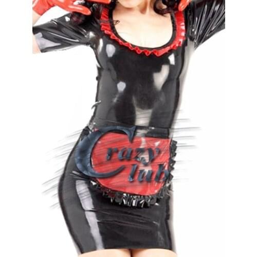 2016 Customized Women Latex Uniform Clothes Fetish Black and Red lacing Uniform latex dress latex nun uniform Sale Fast Delivery