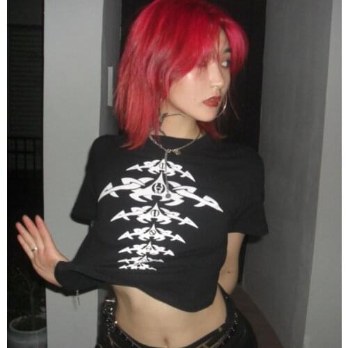 Goth summer tee shirt femme oversized tops High waist Skeleton black sexy women clothing Streetwear vintage t shirt gothic топ