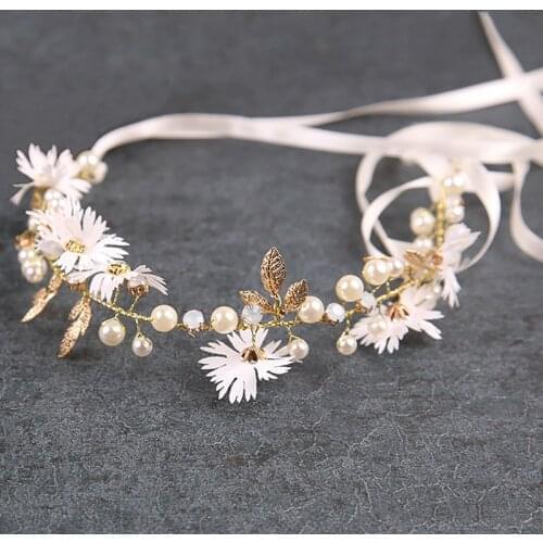 Wedding Flower Hairband Headbands Crown Garland Pearl Tiara For Women Ribbon Headpiece Bridal Headwear Hair Jewelry Accessories