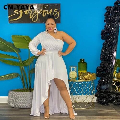 CM.YAYA Women Plus Size Dress Solid Asymmetrical One Shoulder Long Dresses Fashion Party Maxi Vestidos Vintage Outfits Autumn