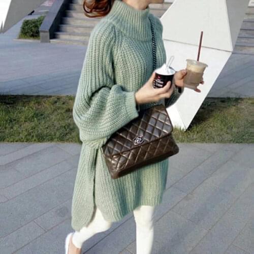 Autumn Winter Thick Long Sweater Women Lantern Sleeve Side Slit Half Turtleneck Sweaters Long Sleeve Knitted Pullover Jumper