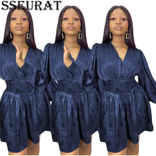 SSEURAT Women Mini Dress New Autumn Satins Long Sleeve V-neck Casual Pleated Print Dresses