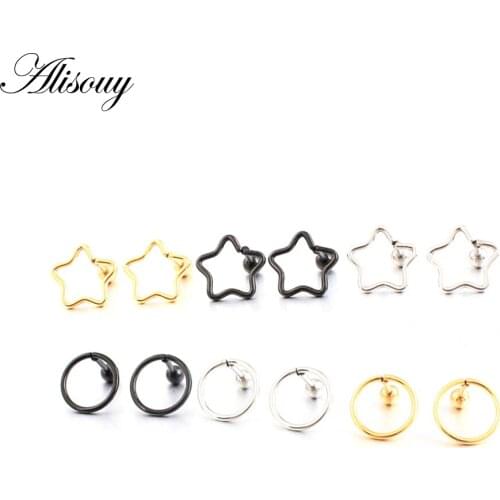 Alisouy 1 Pair women stud Earrings color Gold Black Triangle Star Round Square Stainless steel Cute Stud Earrings screw-back