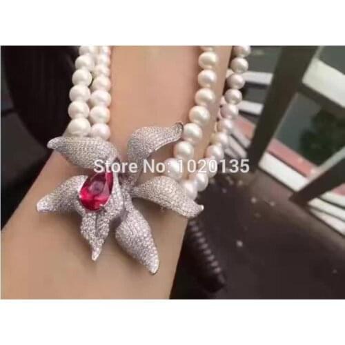 2rows white freshwater pearl near round and red flower pendant necklace 20-22inch wholesale beads