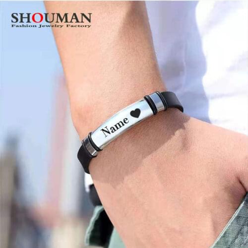 SHOUMAN Fashion Casual Customize Name Date Stainless Steel Rubber Bracelet Jewelry Men and Women Couples New Year Gift Wholesale