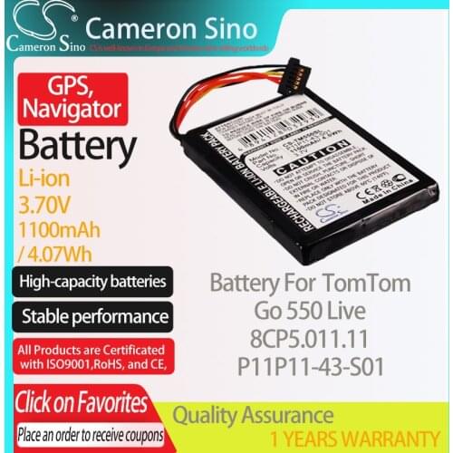 CameronSino Battery for TomTom Go 550 Live 8CP5.011.11 fits TomTom P11P11-43-S01 GPS,Navigator battery 1100mAh 3.70V Li-ion