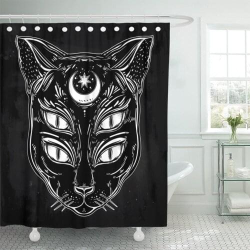 Black Cat Head Portrait with Moon and Four Eyes Eyed is Ideal Halloween Tattoo Wierd Spirituality Shower Curtains Waterproof