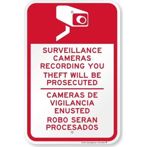 "Surveillance Cameras Recording You" Bilingual Sign | 12" x 8" Aluminum