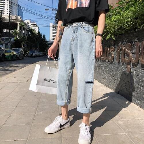 Jeans Men Spring Summer Hole Straight Loose Harem Pants Couple Streetwear Casual Angle-length Jean pants Fashion Blue Trousers