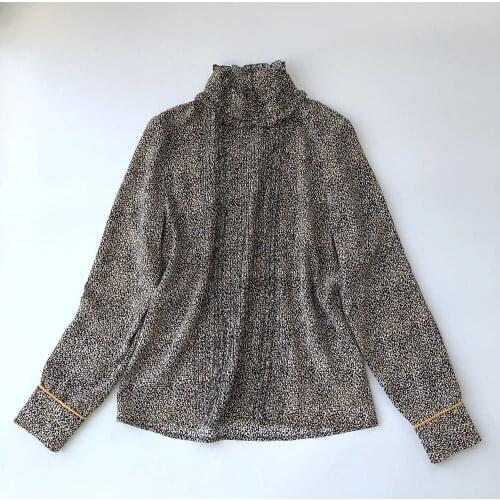 Elfbop Ladies Silk Floral Printed Ruffled Blouse Top With Long Sleeve & Ruffled Neck & Pleated Detail