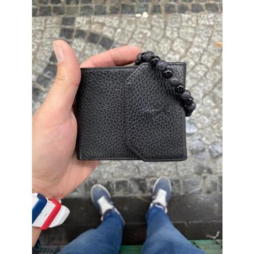 Karali Leather Black Men 'S Classic Model steel Carabiners Series Genuine Leather Wallet-Natural Stone Bracelet Gift