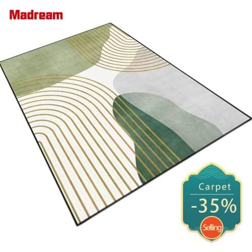 Modern Abstract Style Green Carpet For Living Room Light Luxury Gold Line Geometric Pattern Bedroom Rugs Home Bedside Area Mat