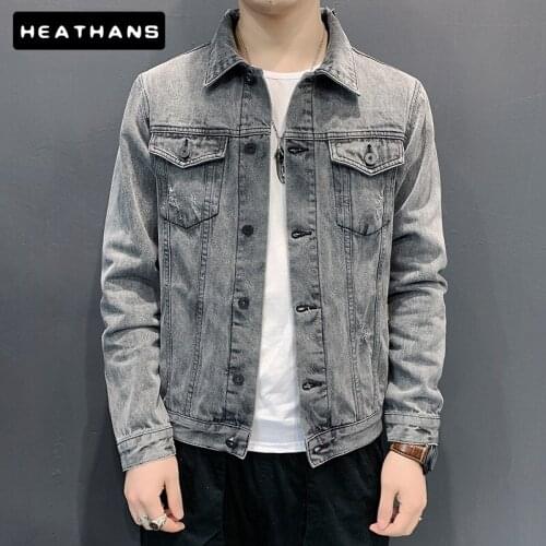 Spring Autumn New Gray Denim Jackets Male Youth Korean Style Hole Slim Long Sleeved Denim Jacket For Mens Outer Wears Size M-5XL
