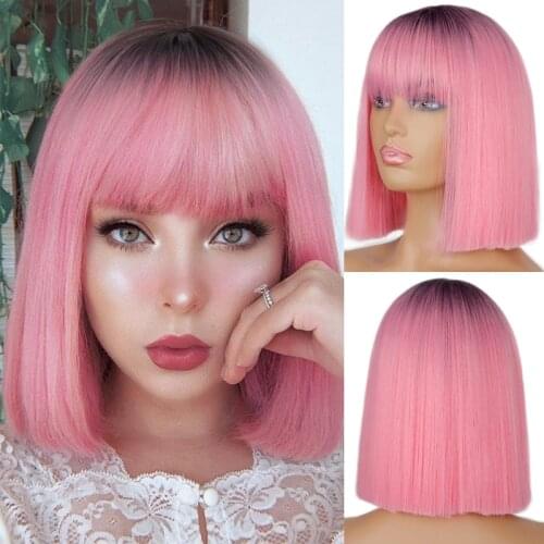 Linghang Ombre Pink/Golden Straight Shoulder Length Synthetic Wigs Heat Resistant Hair For Black/White Women Cosplay Or Party