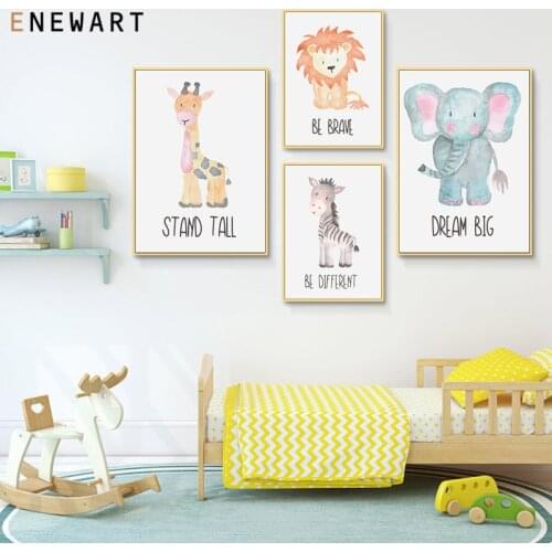 Cartoon Watercolor Lion Giraffe Child Poster Animal Nursery Canvas Art Print Positive Quote Wall Picture Baby Kids Room Decor