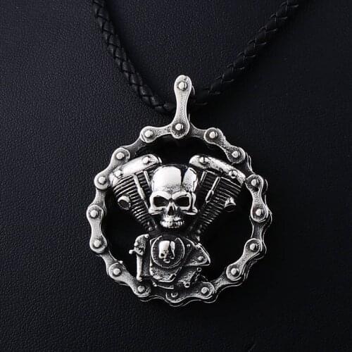 Punk skull motor biker pendant necklace men 316l stainless steel men rock jewelry