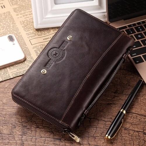 GZCZ Male Clutch And Purse Vintage Genuine Leather Male bag Famous Brand Zipper Long Wallet High Quality Money Portomonee