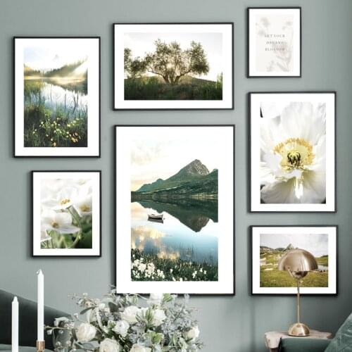 Natural Lofoten Lake Mountain Blooming Poppy Flower Nordic Poster Wall Art Print Canvas Painting Decor Pictures For Living Room