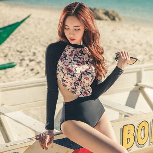 Tankini Korean 2019 New Long Sleeve sexy women One-Piece Swimsuit Swimwear Cut Out Floral Patchwork One-Piece Swimsuit Quick dry