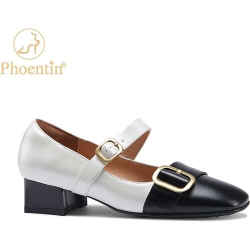 Phoentin Low Heeled Retro Shoes Woman Cross Strap Mary Jane Heel Square Buckle Mixed Colors Real Leather Pumps Female FT1334