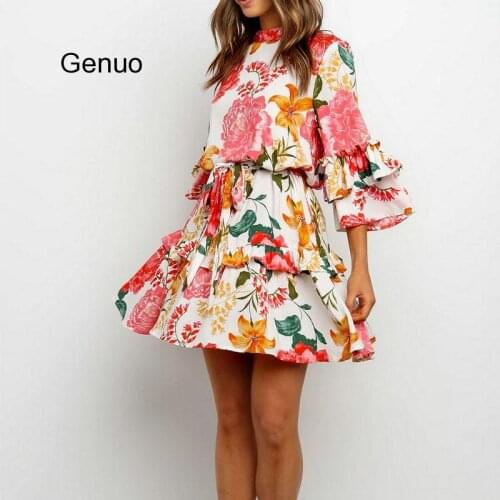 Print Floral Ruffle Wrap Dress Boho A-Line Chiffon Short Dress Flare Sleeve Lace Up Summer Mini Sundress Holiday 2020 New