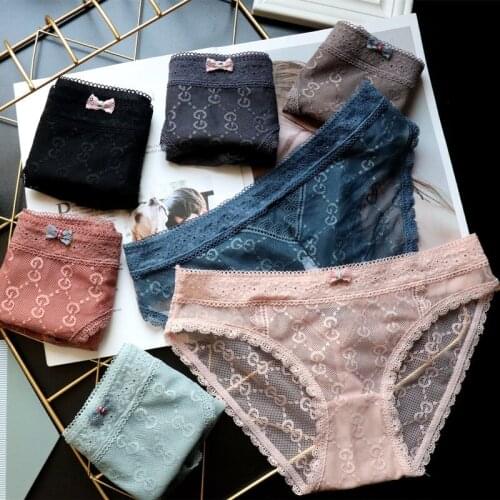 Luxury Letter Embroidery Mesh Girls Underwear Sexy Low-Waist Hollow Out Panties Transparent Lace Seamless Female Briefs Lingerie