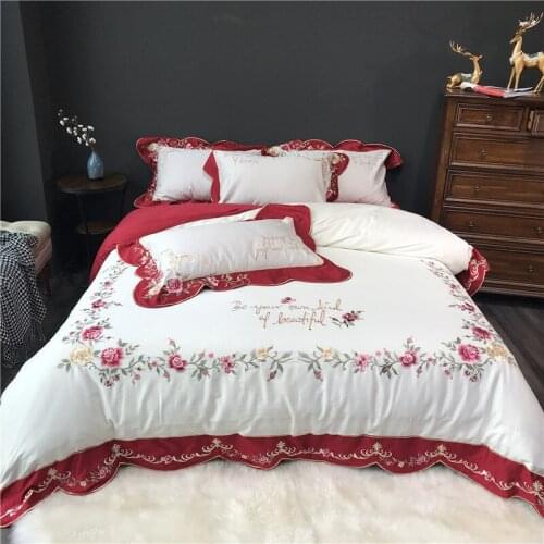 Luxury Pastoral Flower Embroidery Egyptian cotton King Queen Bedding Set 4pcs Duvet Cover Bed sheet Bed Linen Pillowcases Red