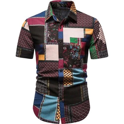 Short Sleeve Patchwork Shirt Turn-down Collar Blouse Summer Ethnic Style Hawaii Shirt Men Casual Cotton Printed Hawaiian Shirt