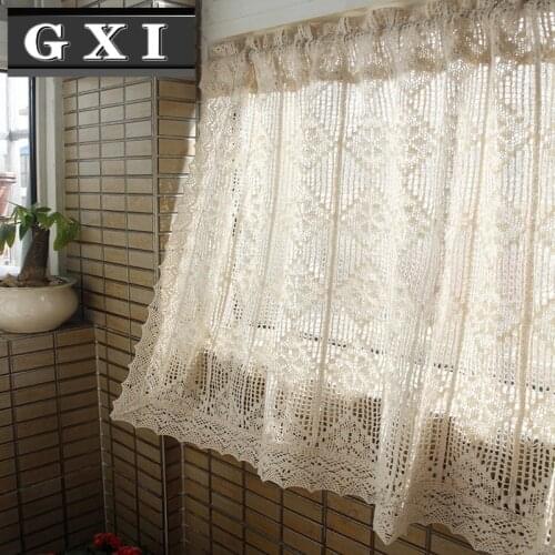GXI American Country Cotton Linen Crochet Kitchen Half Curtain Retro Small Hollowed Out Short Drapes for Bay Window DL056-3