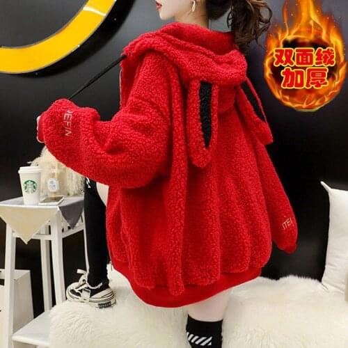 Lamb Velvet Rabbit Ear Sweater Womens Plus Celvet Thickening Warmth Loose Design Cardigan Truien Coat Female Autumn Winter E441