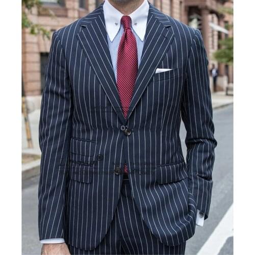 Navy Blue 3 Piece Slim Stripe Men Suit With Grey Waistcoat Cutsom Groom Wedding Tuxedo Prom Wedding Tailor Made Men Suit