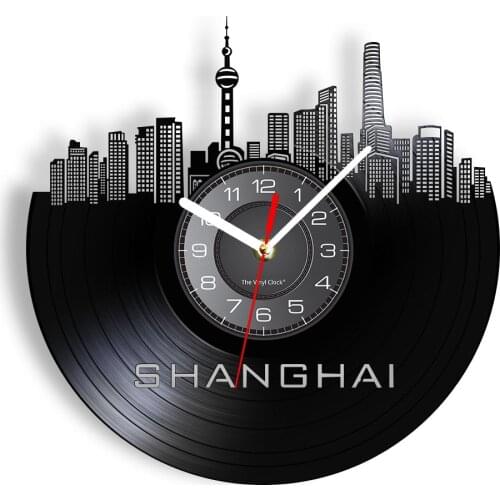 Shanghai Skyline Vinyl LP Wall Clock Chinese Cosmopolis CItyscape of China Pearl of the Orient Modern Wall Watch Artwork Dcor