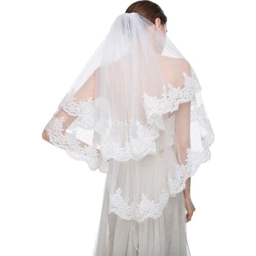 2020 Women Short Lace Wedding Veil with Comb 2 Layers White Lace Edge Tulle Bridal Veil Wedding Accessories