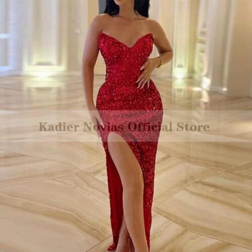 Womens Long Red Sequins Evening Dresses 2021 with Slit Party Celebrity Dress Women Formal Prom Dress 2021
