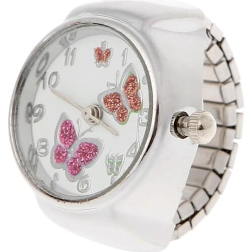 Women Dial Quartz Analog Finger Ring Watch Butterfly Elastic Gift Creative Steel