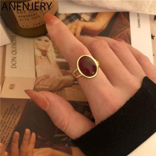 ANENJERY 925 Sterling Silver French Red Agate Rings for Women Exquisite Retro Party Handmade Jewelry Gifts S-R973