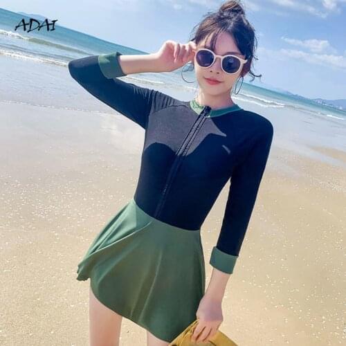 Korean Bikini One-piece Swimsuit with Skirt Sleeves Green Womens Swimwear 2021 Bathing Suits Summer Suit Swimming Beachwear