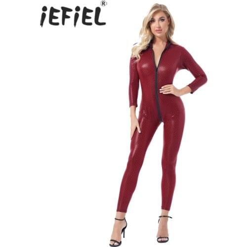 Women Wet Look Long Sleeve Plaid Lingerie Bodysuit High Cut Slim Fit Catsuit Jumpsuit with Stretchy Hallow Out Thongs Underwear